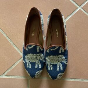 Slip on navy and cream shoes leather piping